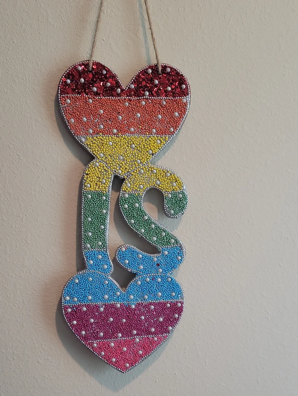 ISAAC MIZRAHI LOVE IS LOVE Multicolor Beaded Double Heart Wall Hanging